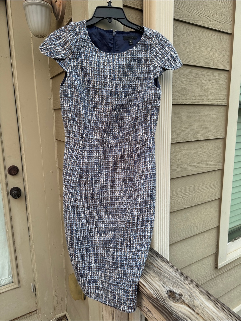 J. Crew Navy and White Tweed Midi Sheath Dress